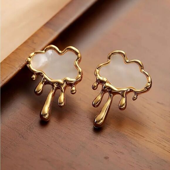 Bella Boutique Jewelry - Gold Cloud Drop Earrings with White Inlay